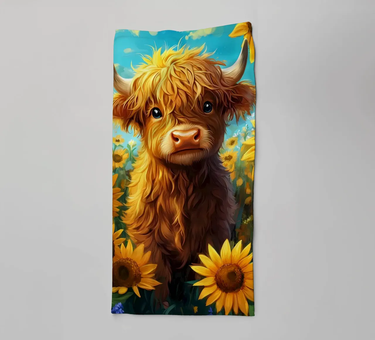 Bambino di mucca Highland in un campo di girasoli asciugamano da bagno da Ginnery