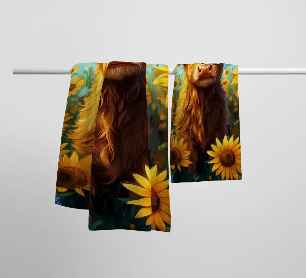 Bambino di mucca Highland in un campo di girasoli asciugamano da bagno da Ginnery