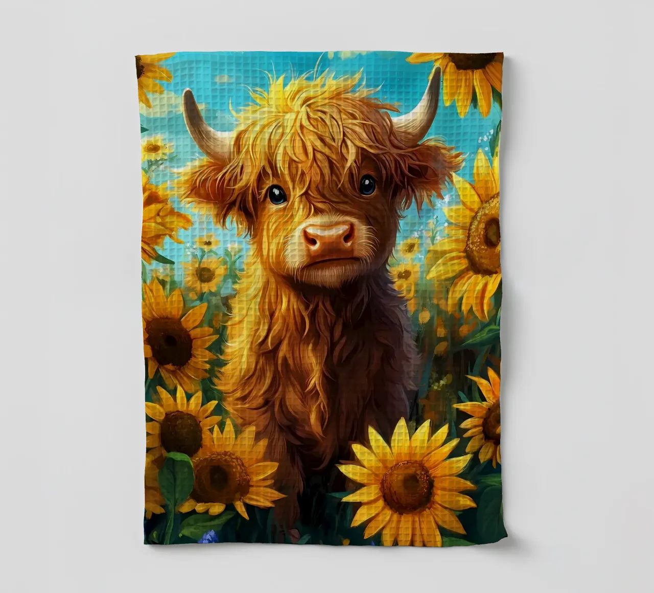 Bambino di mucca Highland in un campo di girasoli canovaccio da cucina da Ginnery