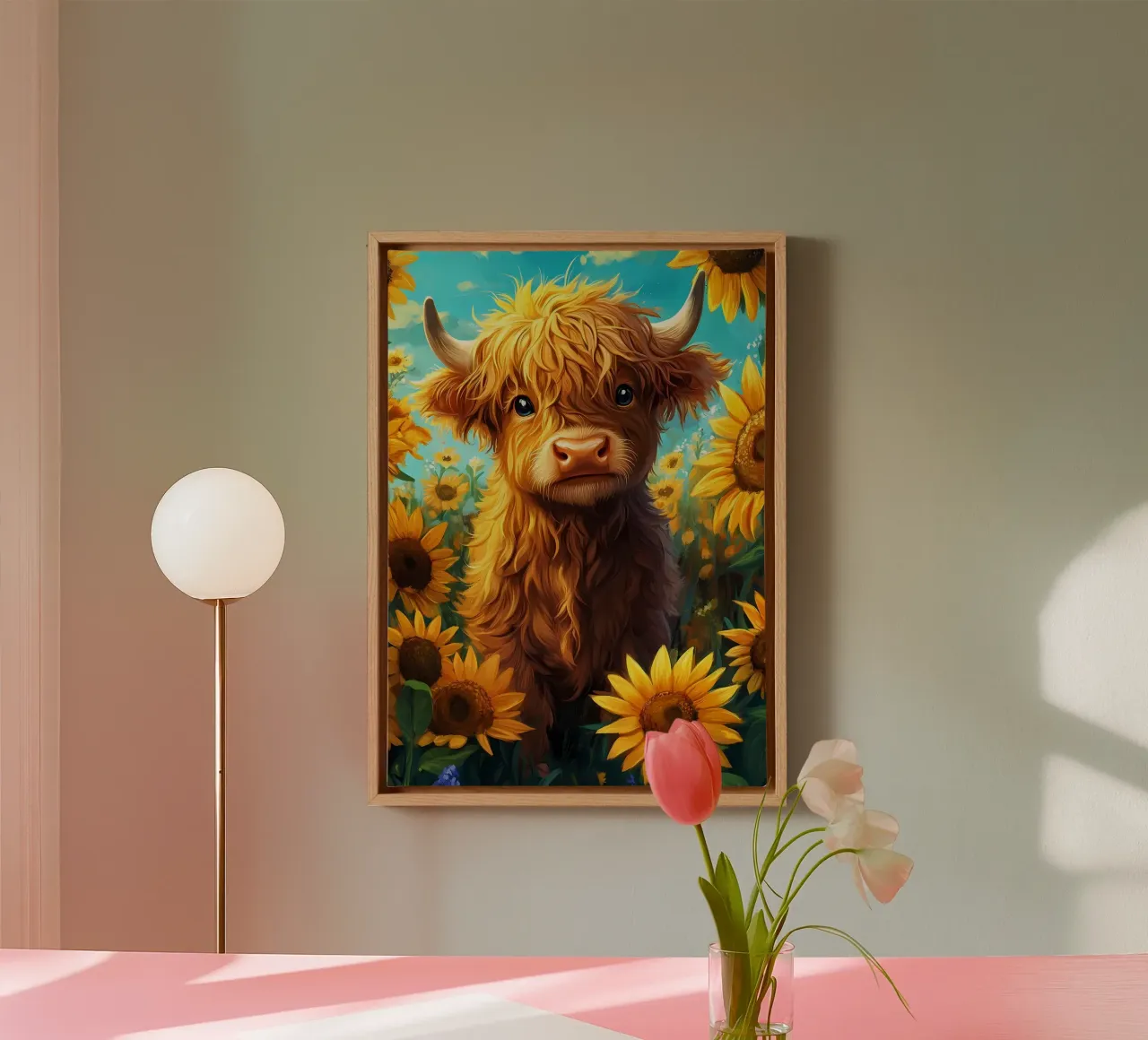 Bambino di mucca Highland in un campo di girasoli tela con Cornice a cassetta da Ginnery
