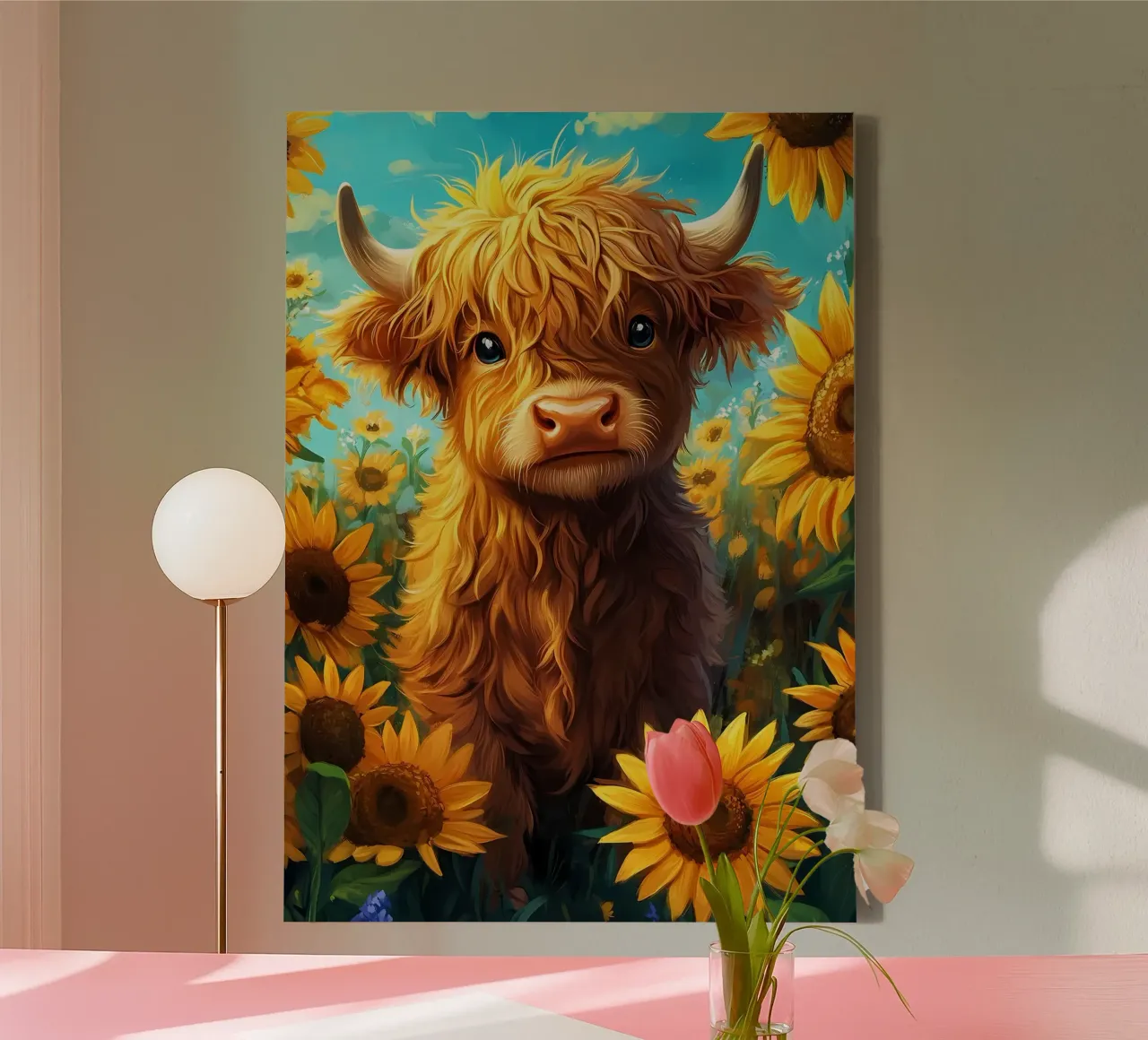 Bambino di mucca Highland in un campo di girasoli tela con Cornice a cassetta da Ginnery