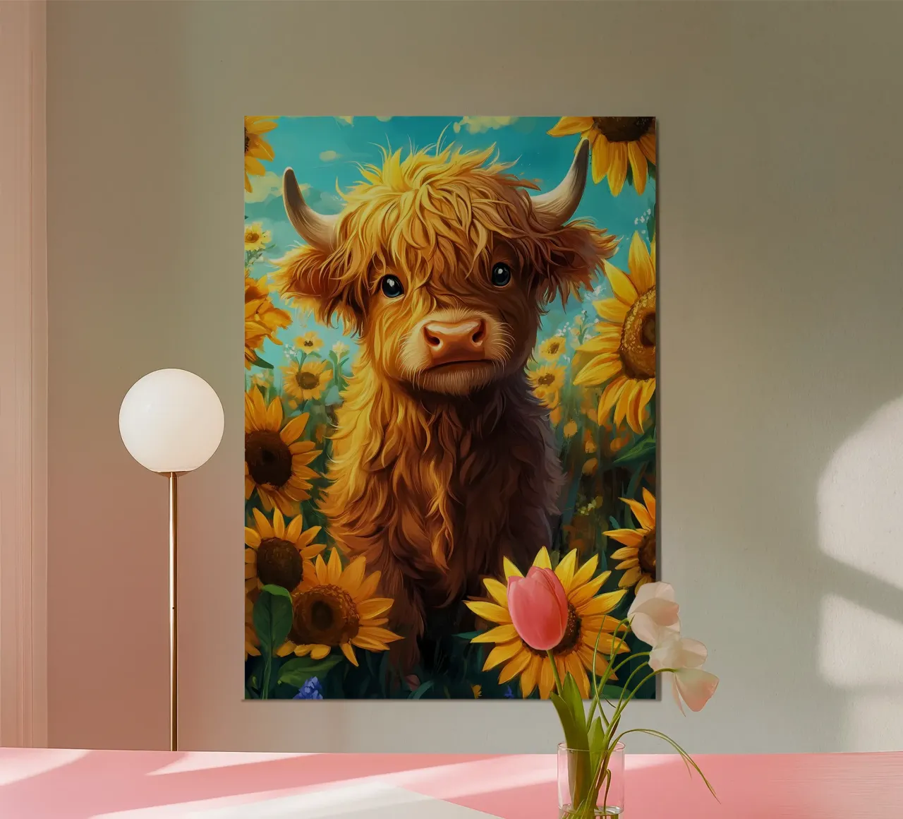 Bambino di mucca Highland in un campo di girasoli carta hahnemühle da Ginnery