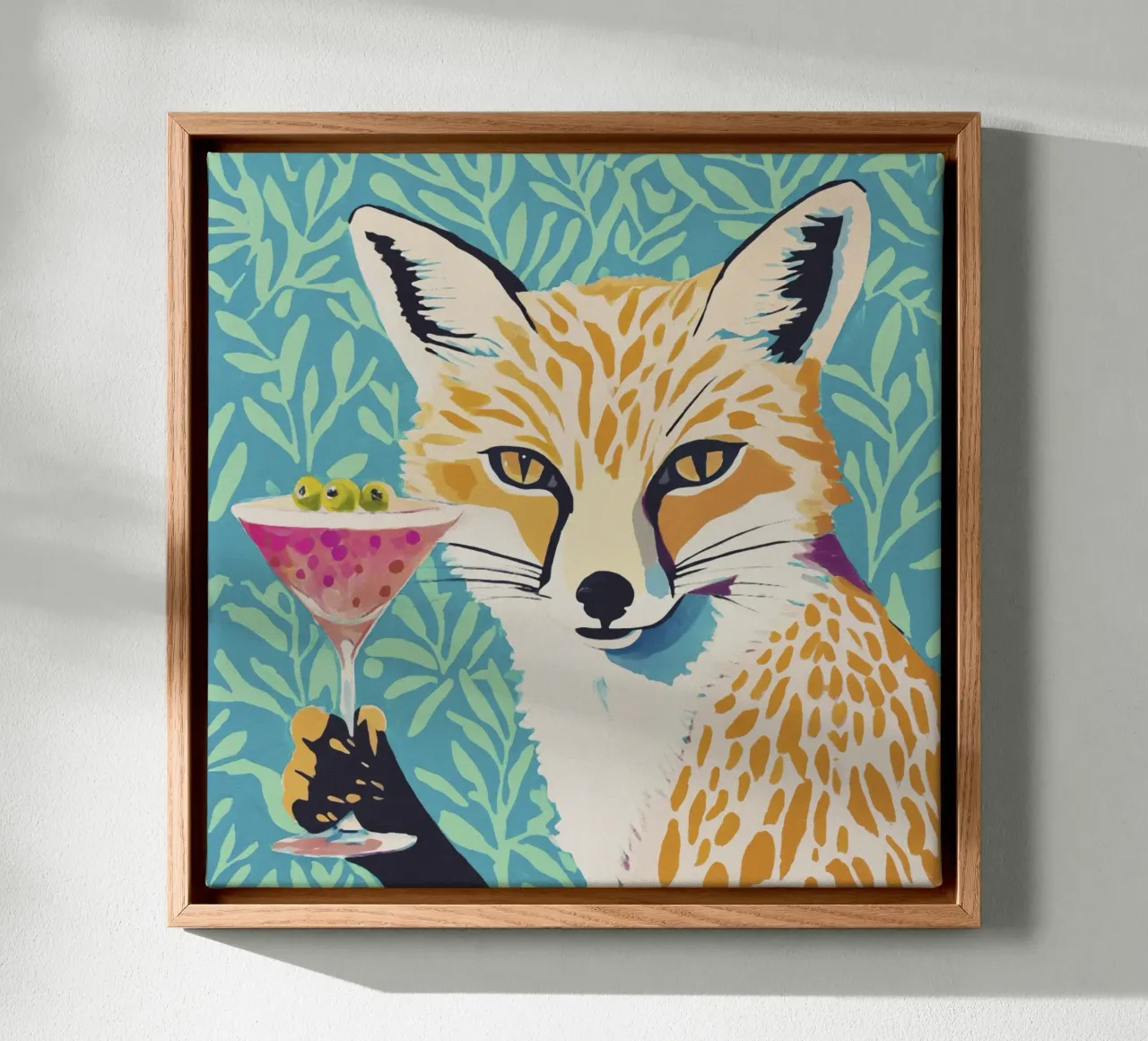 Whimsical 60ies Fox with a Martini canvas with Floater frame by Modern Muse