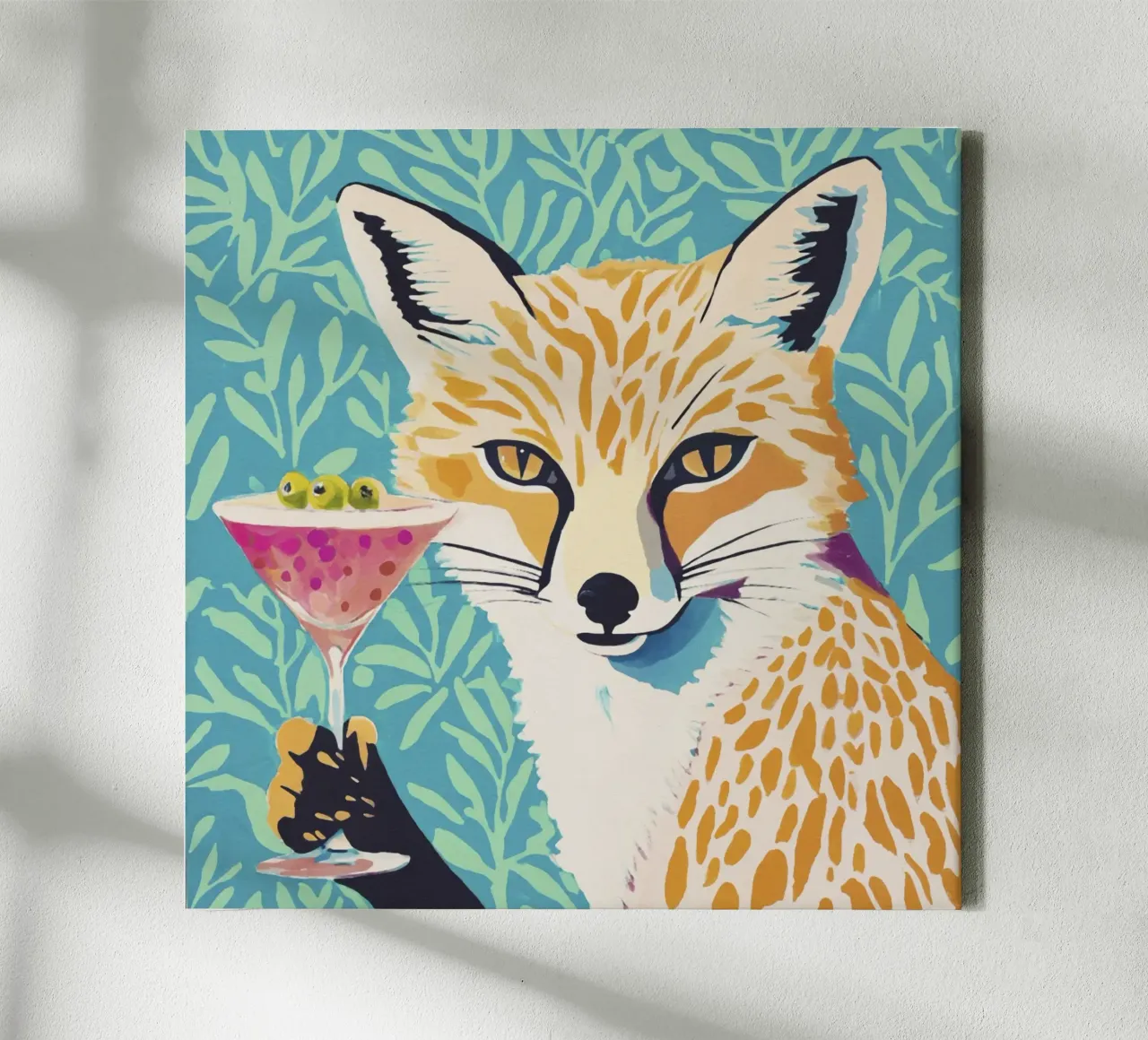 Whimsical 60ies Fox with a Martini canvas with Floater frame by Modern Muse