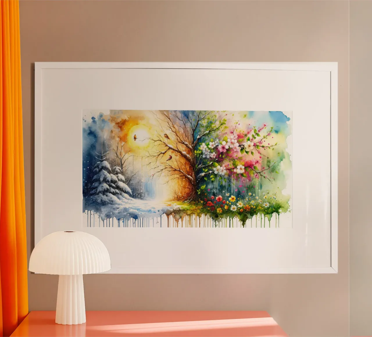 Dall'inverno all'estate in acquerello poster con telaio in legno da Chromatic Fusion Studio