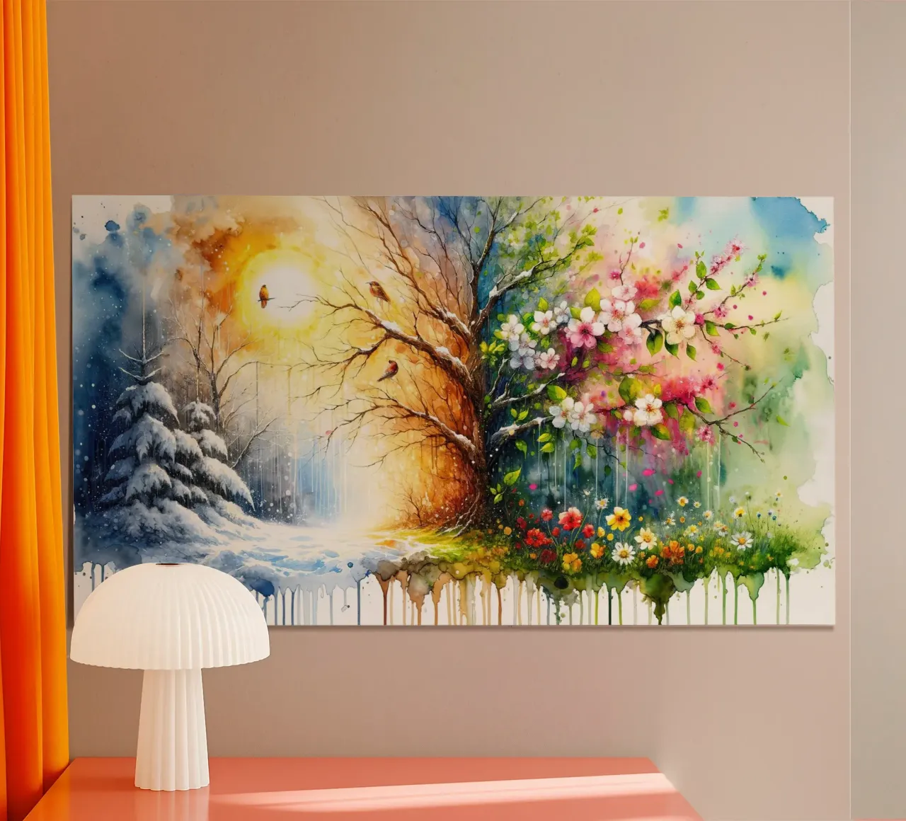 Dall'inverno all'estate in acquerello poster con telaio in legno da Chromatic Fusion Studio