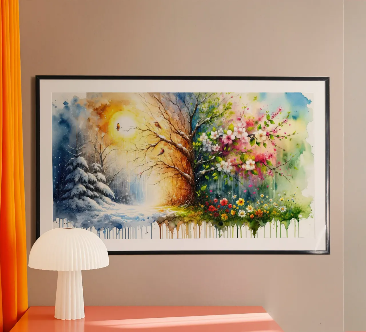 Dall'inverno all'estate in acquerello poster con telaio in legno da Chromatic Fusion Studio