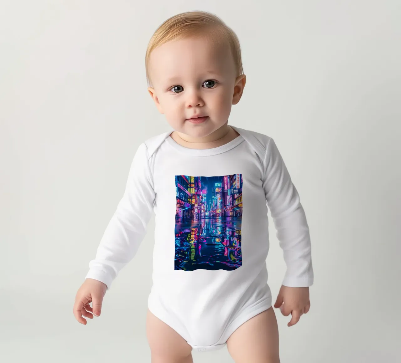 Cyberpunk Neon City long-sleeve baby romper by Ginnery