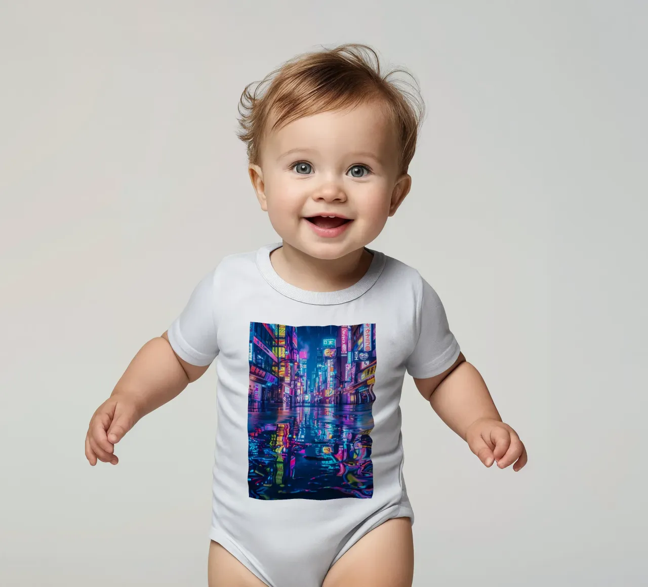 Cyberpunk Neon City short-sleeve baby romper by Ginnery