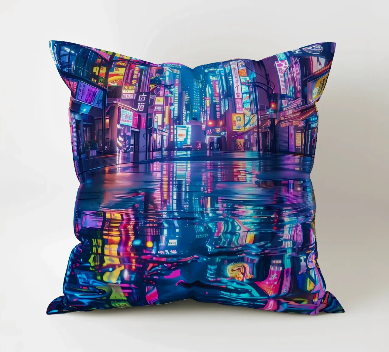 Cyberpunk Neon City decorative cushion by Ginnery