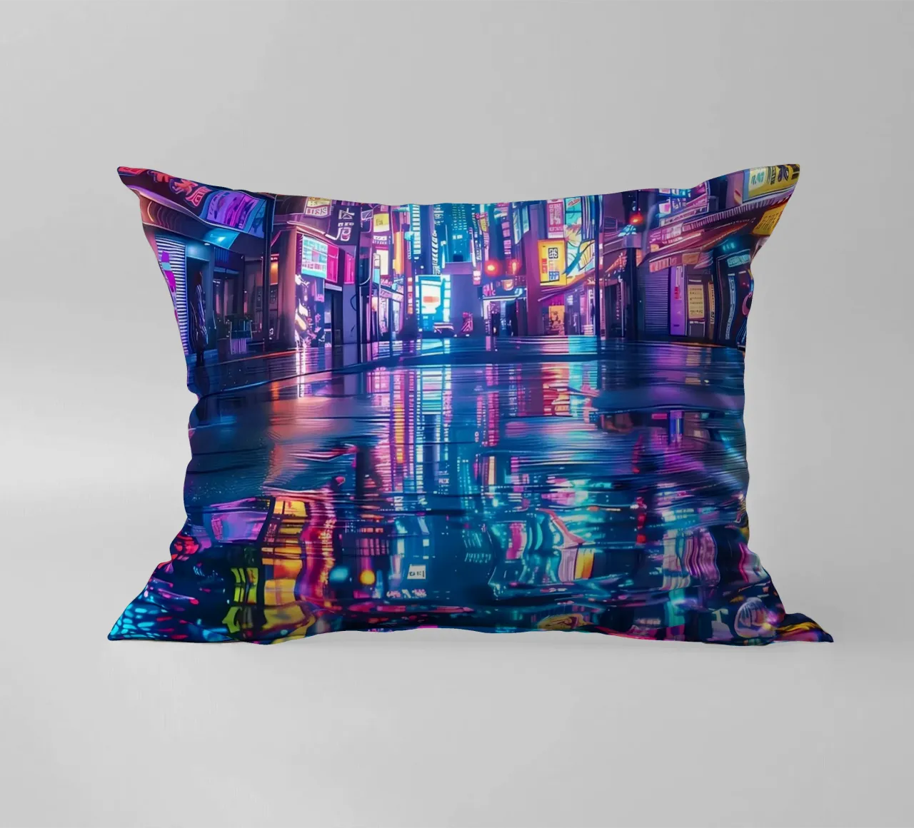 Cyberpunk Neon City decorative cushion by Ginnery