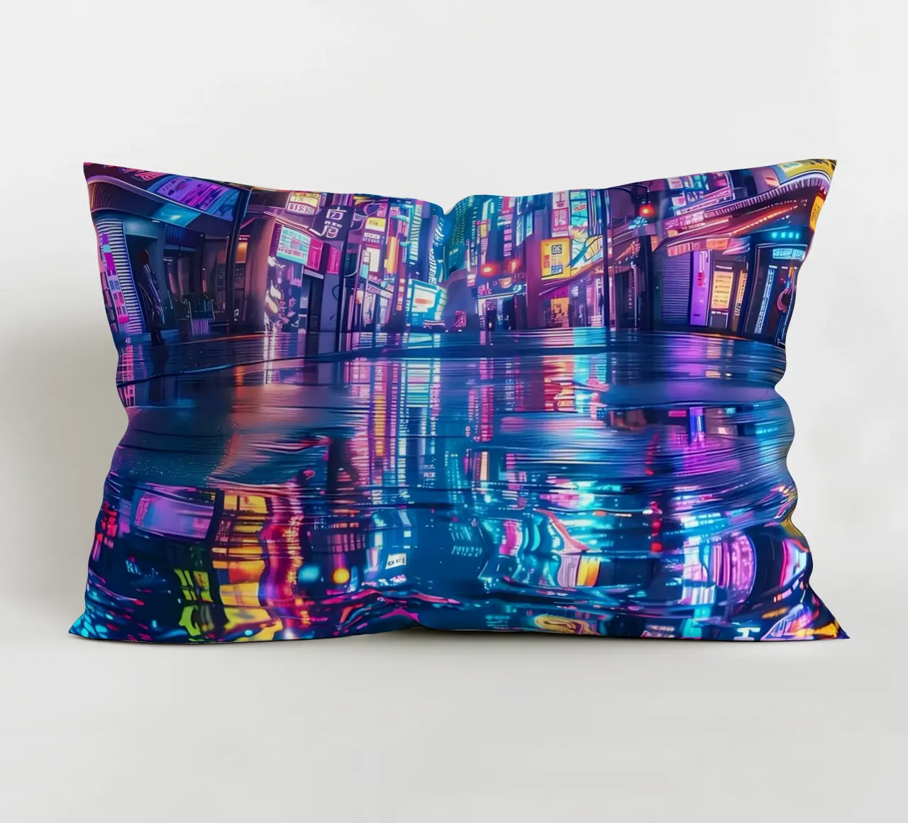 Cyberpunk Neon City decorative cushion by Ginnery