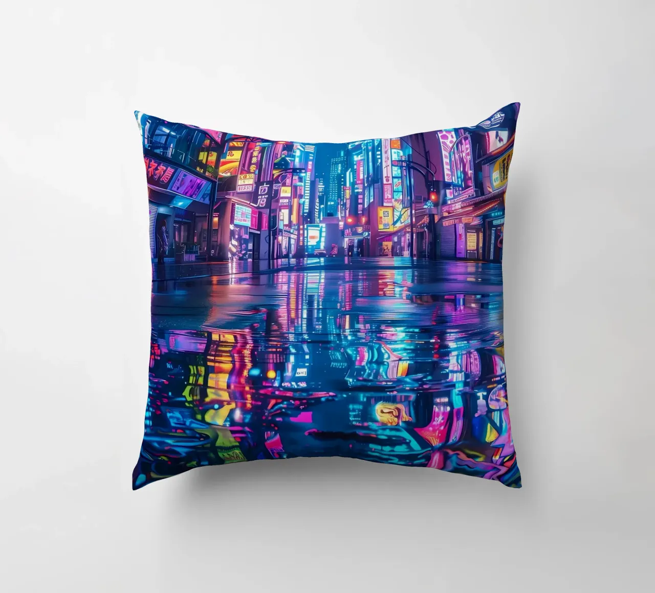 Cyberpunk Neon City decorative cushion by Ginnery