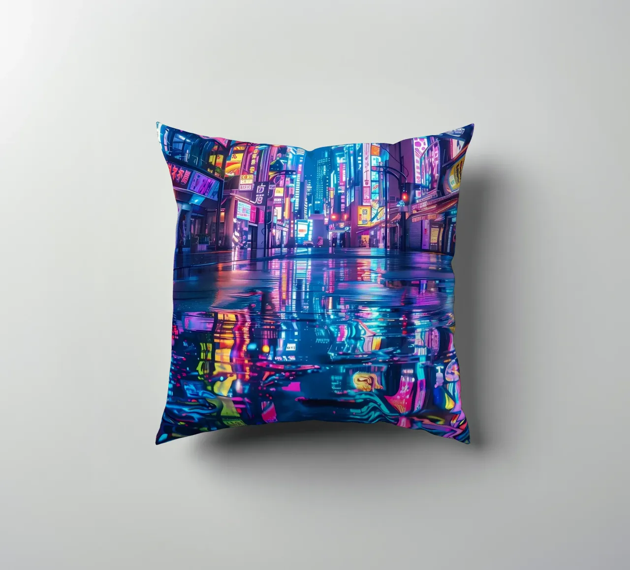 Cyberpunk Neon City decorative cushion by Ginnery