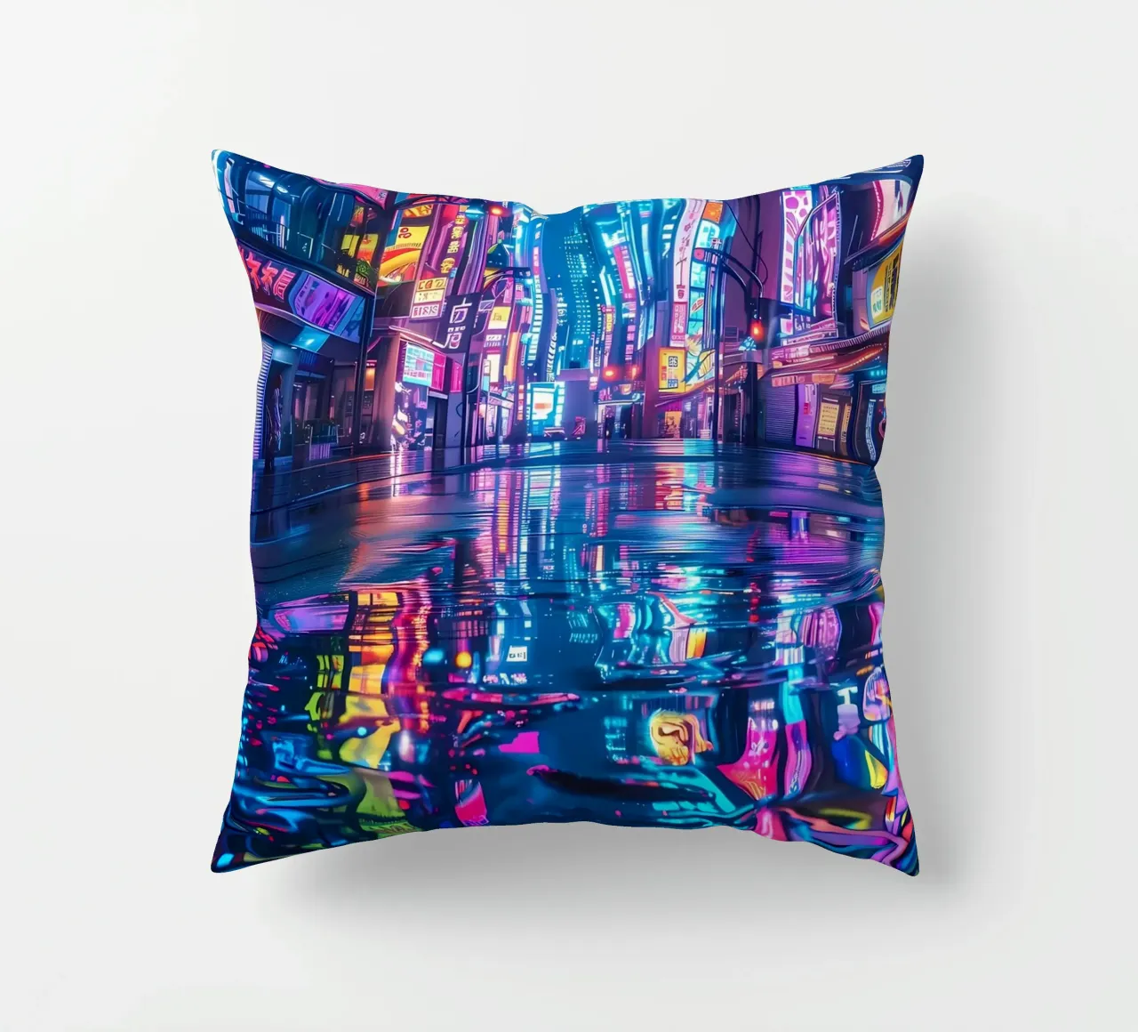 Cyberpunk Neon City decorative cushion by Ginnery