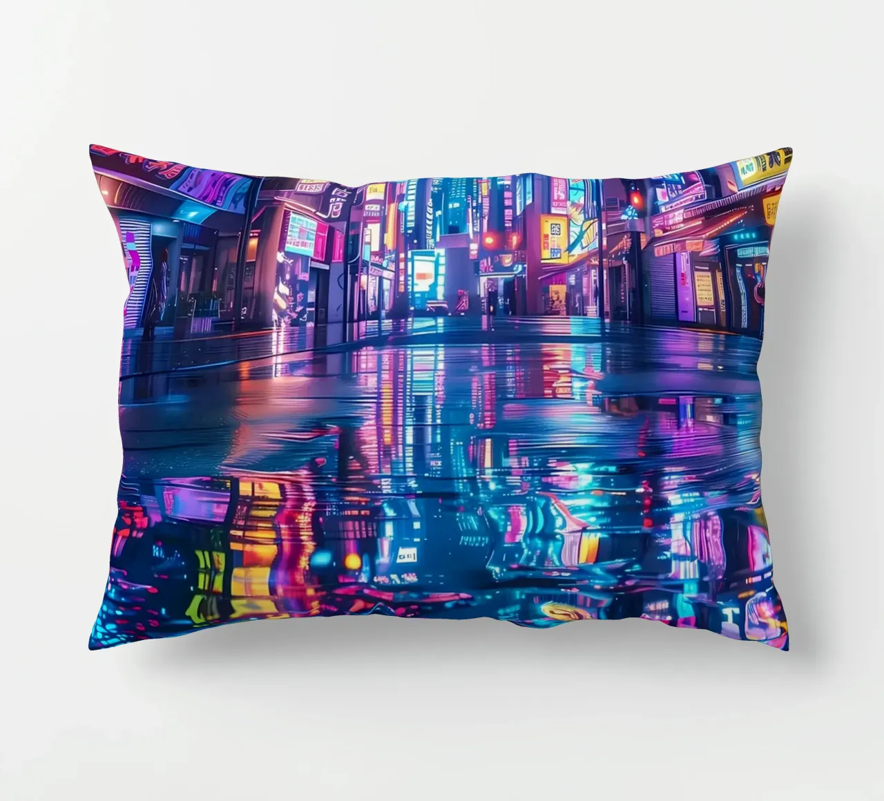 Cyberpunk Neon City decorative cushion by Ginnery