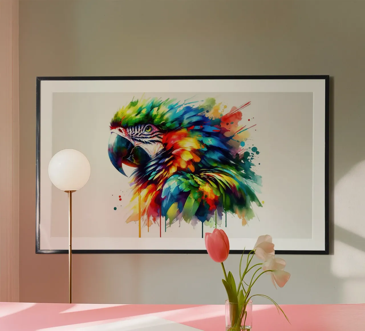 Essenza tropicale del pappagallo vibrante poster con telaio in plastica da Chromatic Fusion Studio