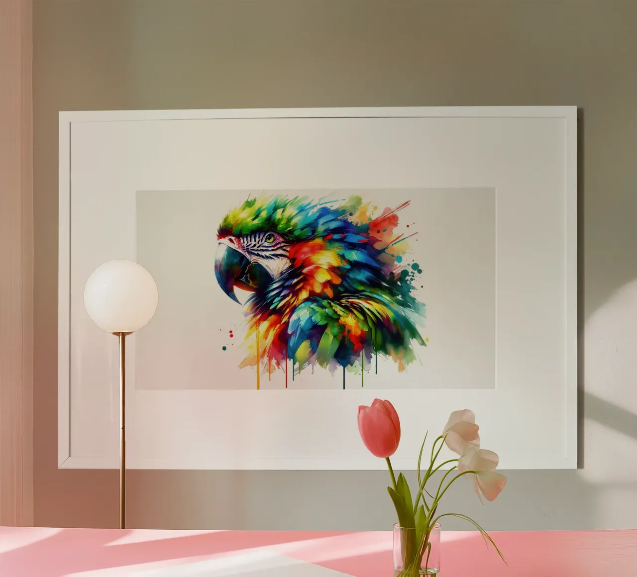 Essenza tropicale del pappagallo vibrante poster con telaio in plastica da Chromatic Fusion Studio