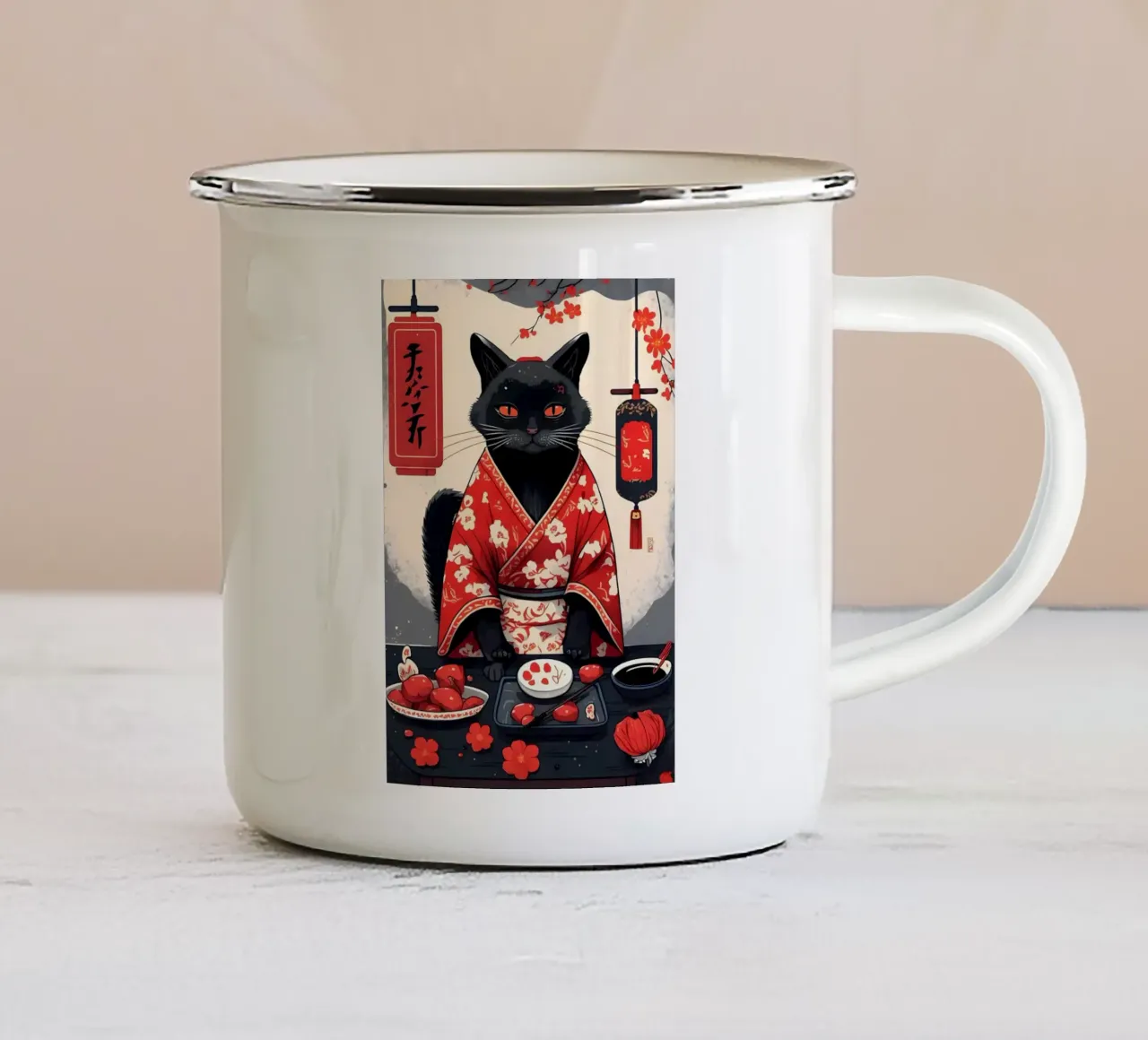 Ritratto di gatto nero tazza in smalto da Mikesell
