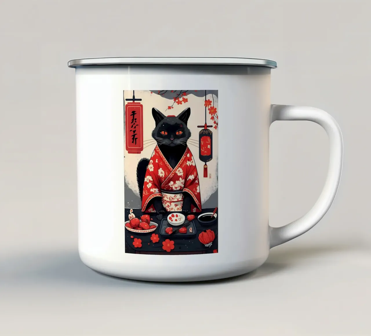 Ritratto di gatto nero tazza in smalto da Mikesell