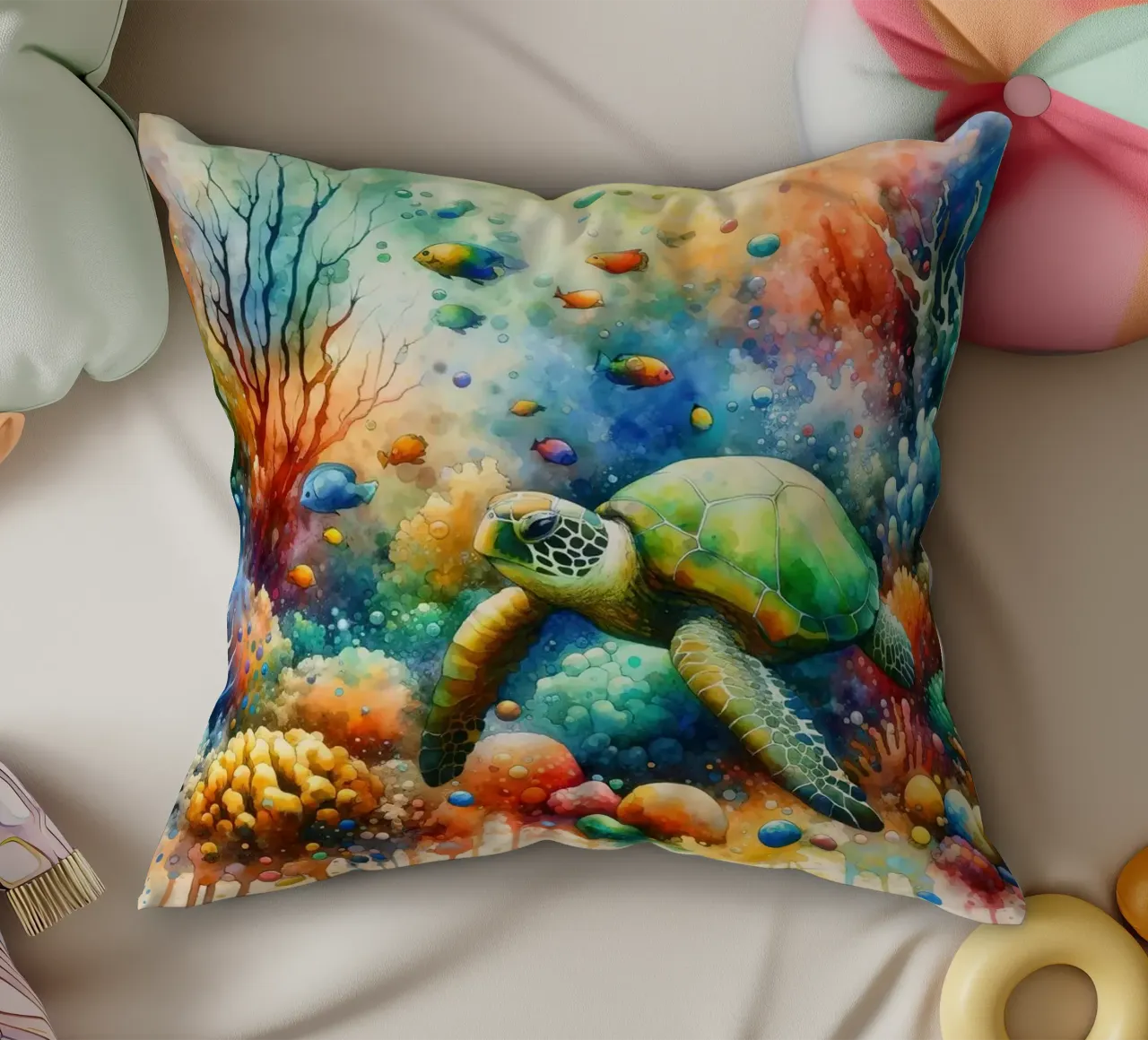Undersea Encounter Turtle Meets Fish decorative cushion by Chromatic Fusion Studio