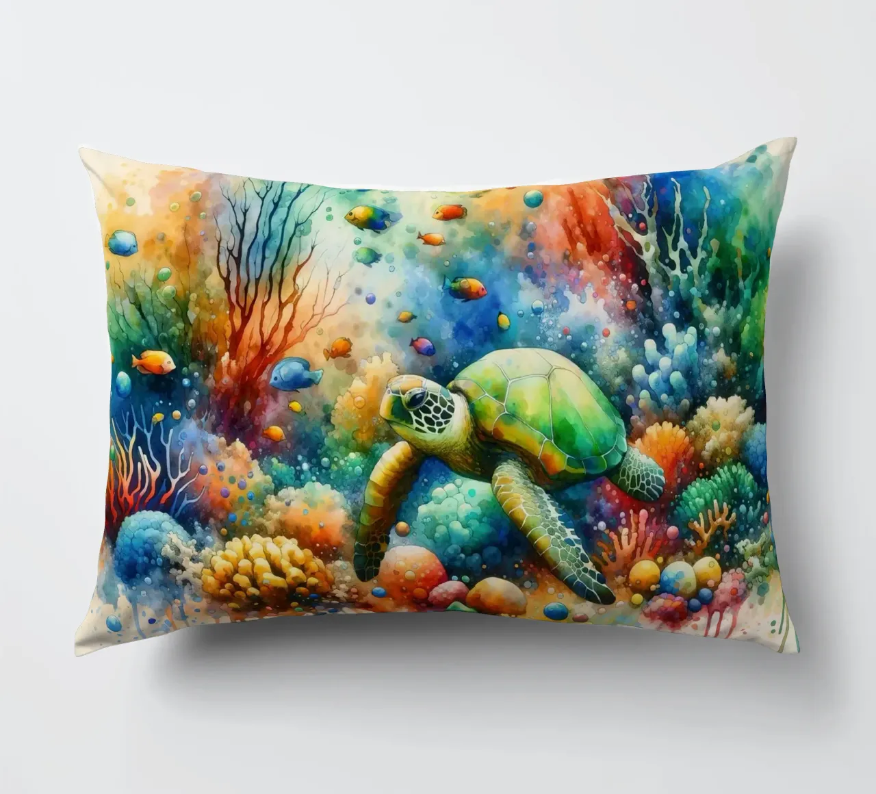 Undersea Encounter Turtle Meets Fish decorative cushion by Chromatic Fusion Studio