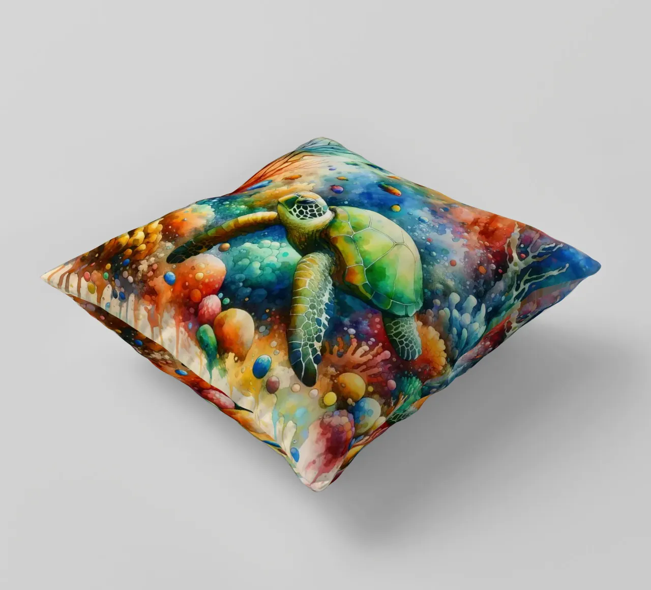 Undersea Encounter Turtle Meets Fish decorative cushion by Chromatic Fusion Studio