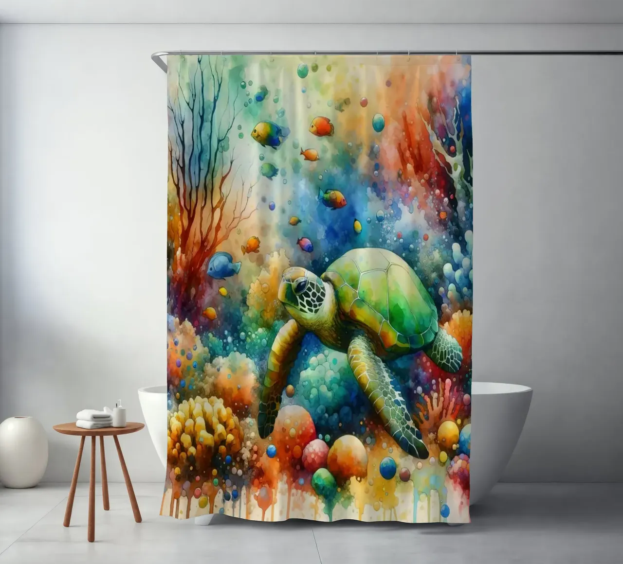 Undersea Encounter Turtle Meets Fish shower curtain by Chromatic Fusion Studio