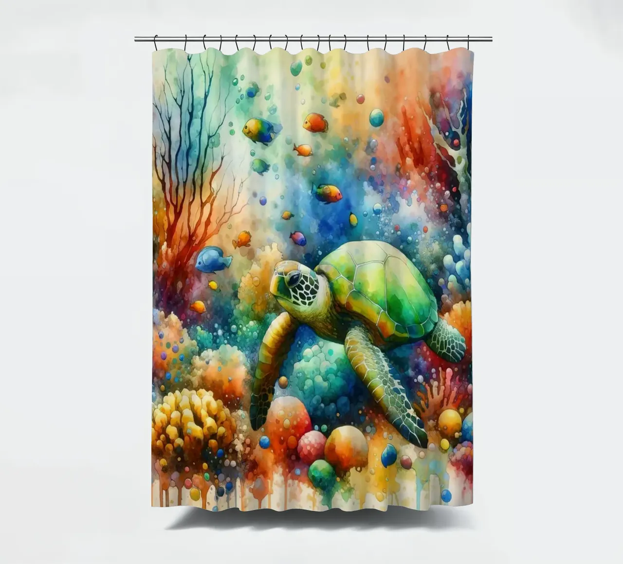 Undersea Encounter Turtle Meets Fish shower curtain by Chromatic Fusion Studio