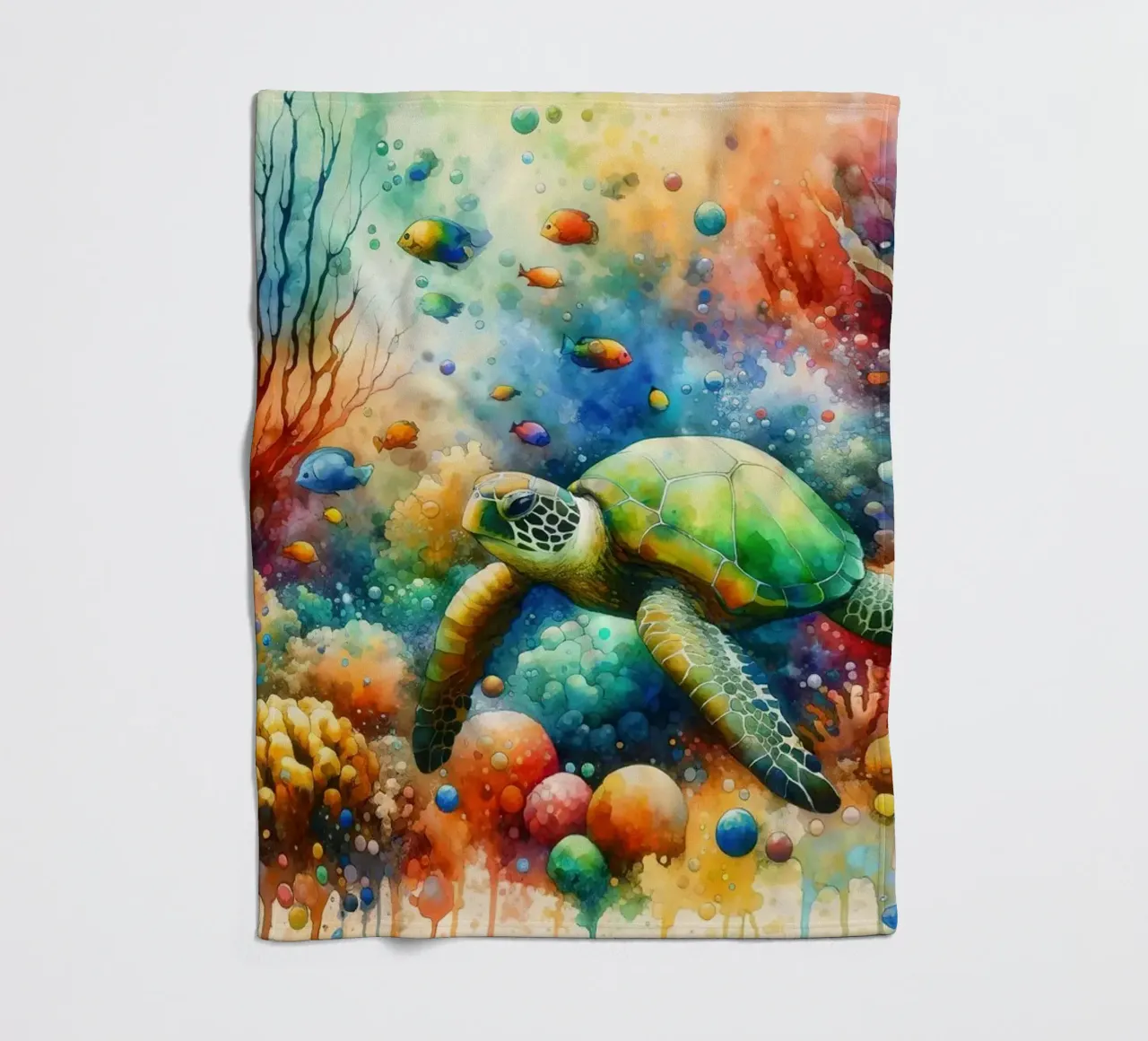 Undersea Encounter Turtle Meets Fish fleece blanket by Chromatic Fusion Studio