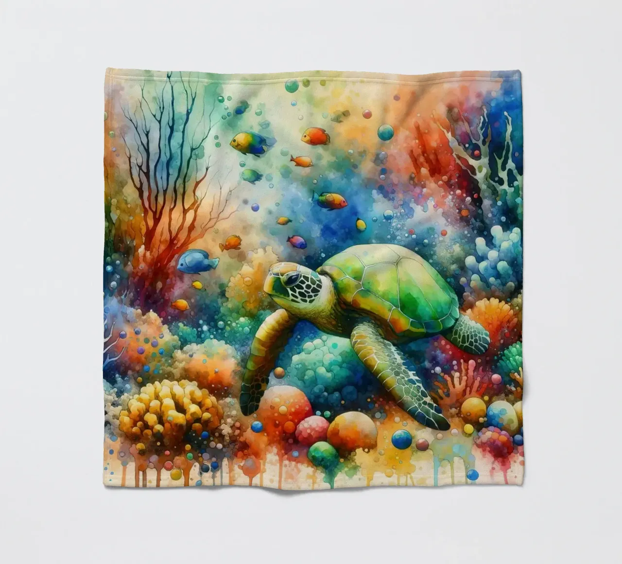 Undersea Encounter Turtle Meets Fish fleece blanket by Chromatic Fusion Studio