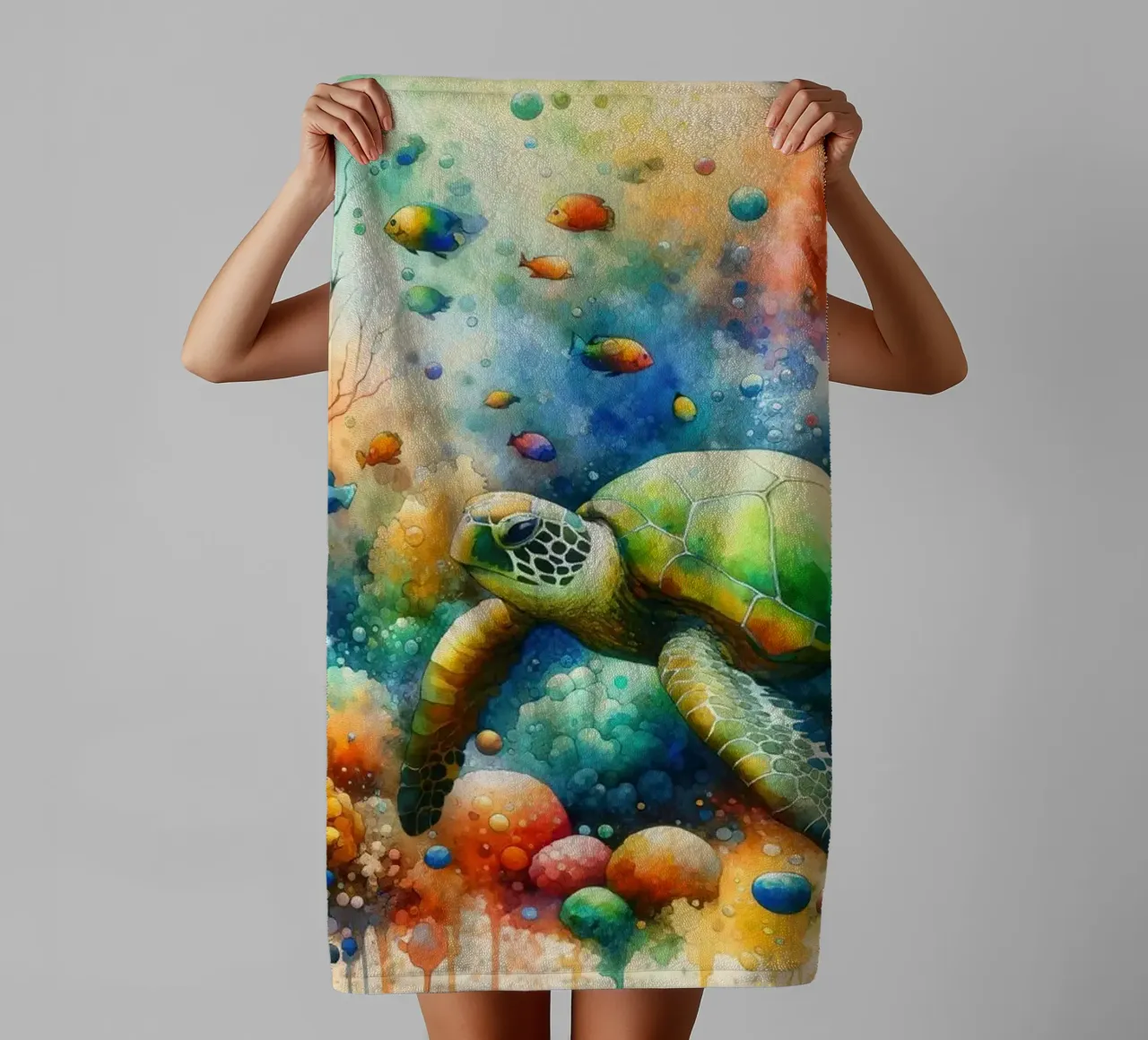 Undersea Encounter Turtle Meets Fish towel by Chromatic Fusion Studio
