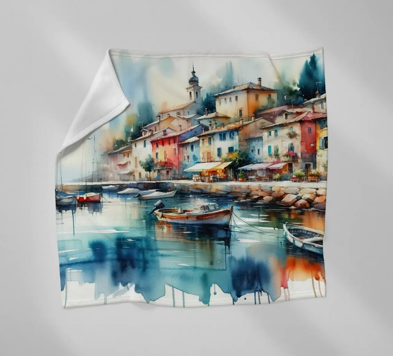 Seaside Village Tranquility fleece blanket by Chromatic Fusion Studio
