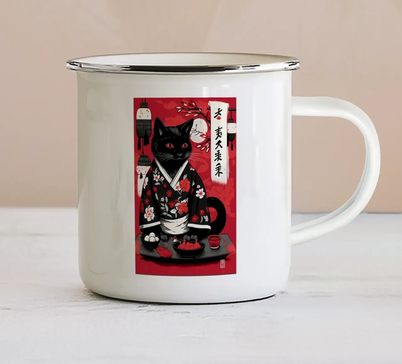Ritratto di gatto nero tazza in smalto da Mikesell