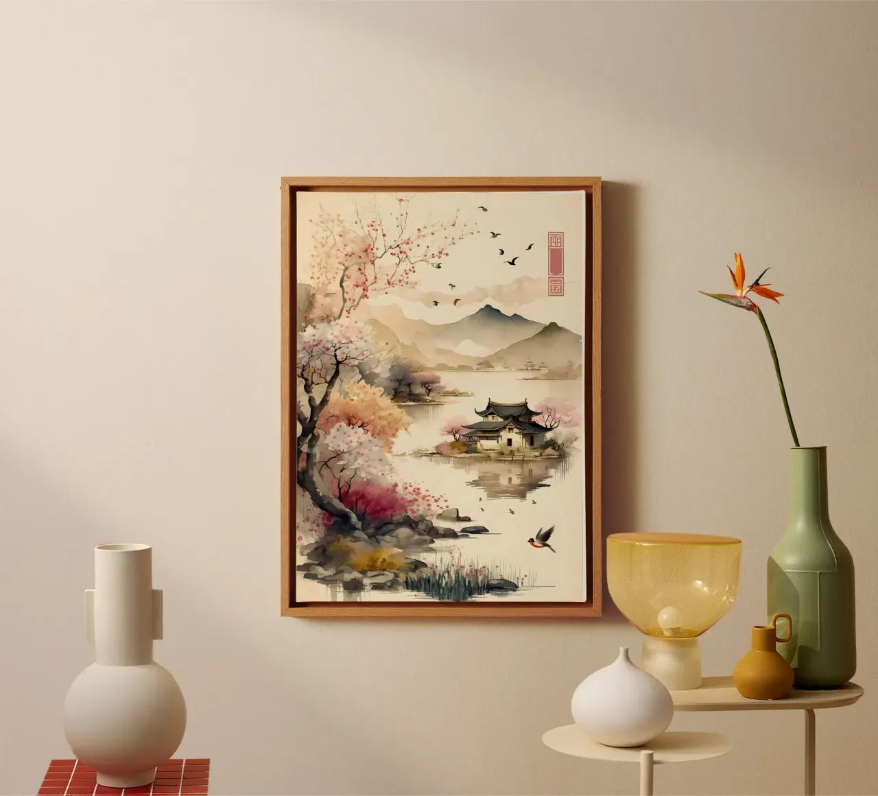 Paesaggio asiatico vintage tela con Cornice a cassetta da Ginnery