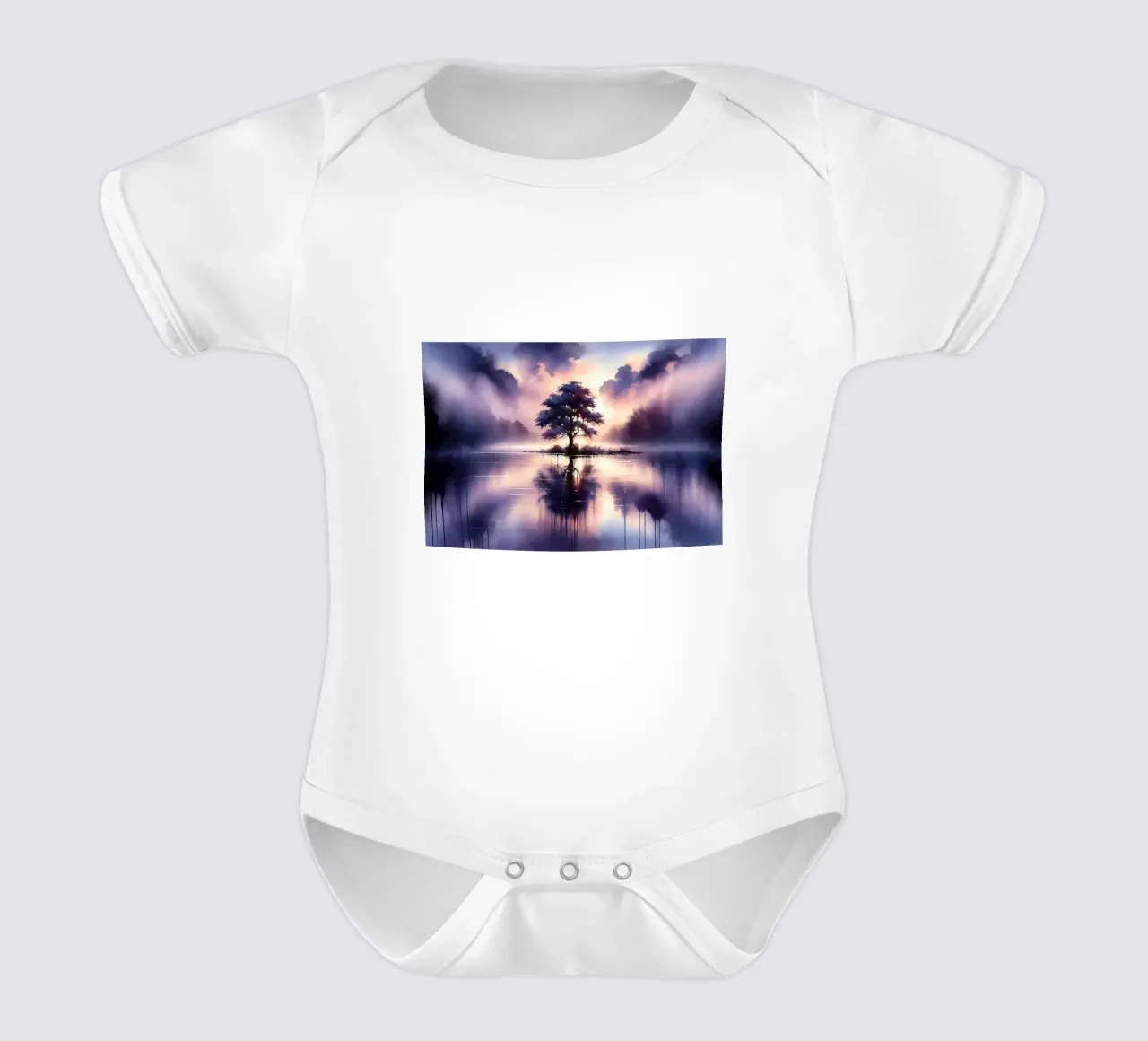 Whispers of Dawn on a Misty Lake Solitude short-sleeve baby romper by Chromatic Fusion Studio
