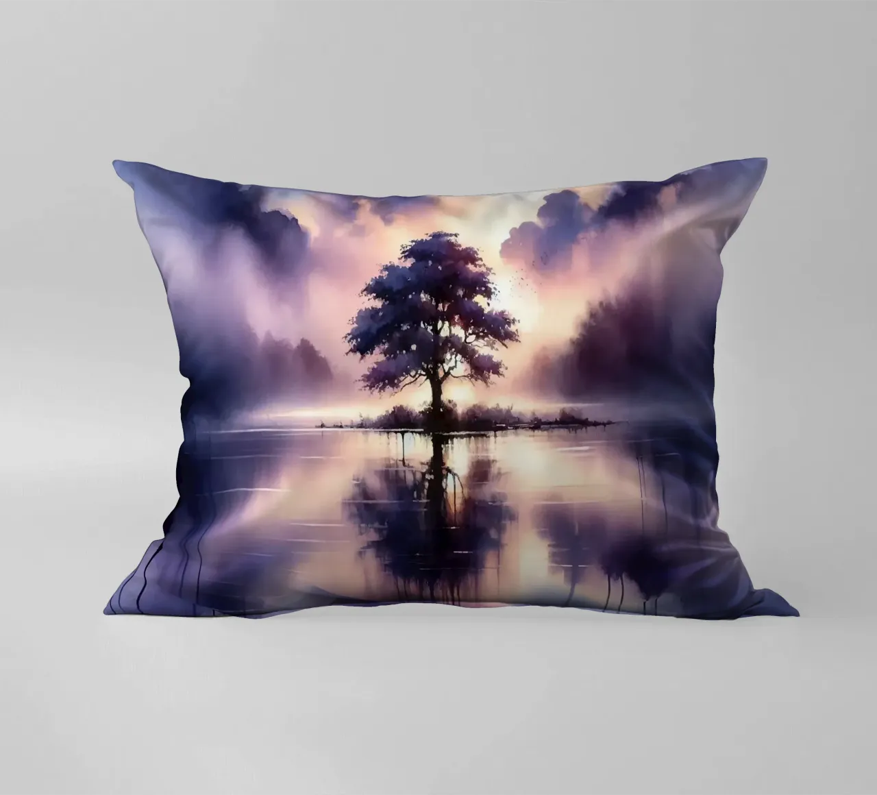 Whispers of Dawn on a Misty Lake Solitude decorative cushion by Chromatic Fusion Studio