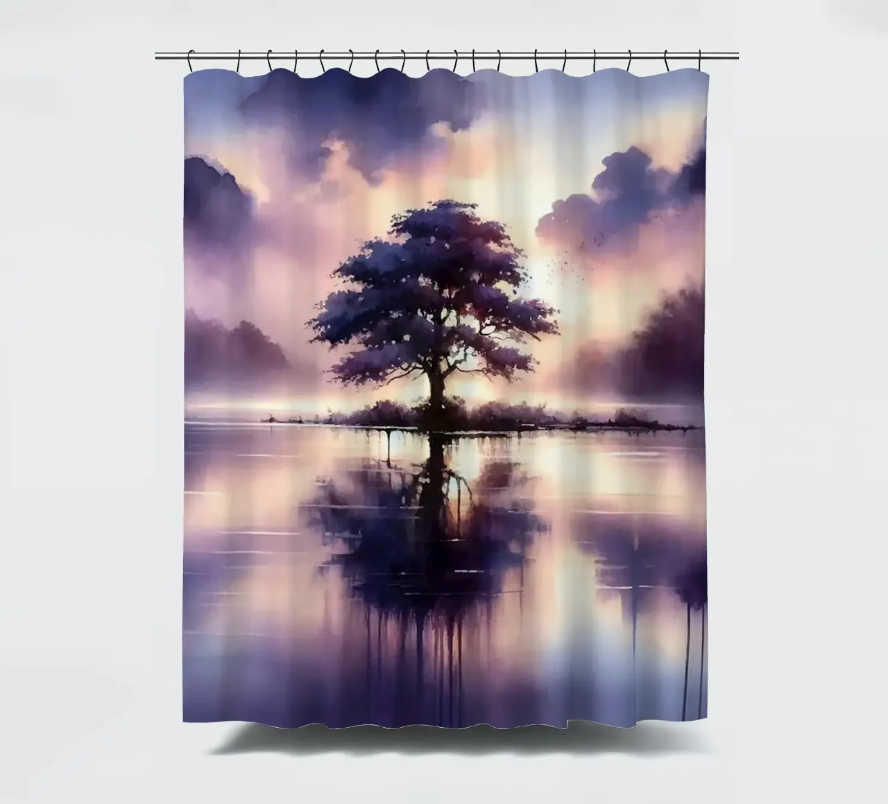 Flüstern der Morgendämmerung auf einem nebligen See Einsamkeit Duschvorhang von Chromatic Fusion Studio