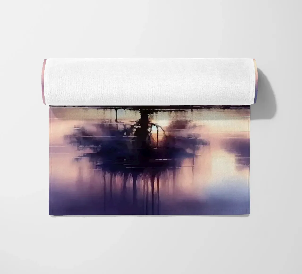 Whispers of Dawn on a Misty Lake Solitude beach towel by Chromatic Fusion Studio