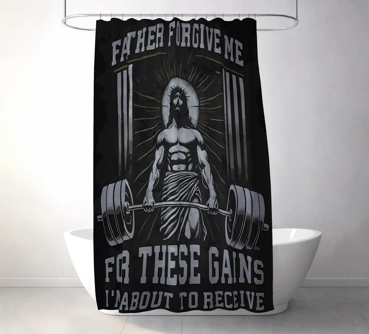 Vader Vergeef deze verworvenheden, Jezus Workout douchegordijn van Delaplane