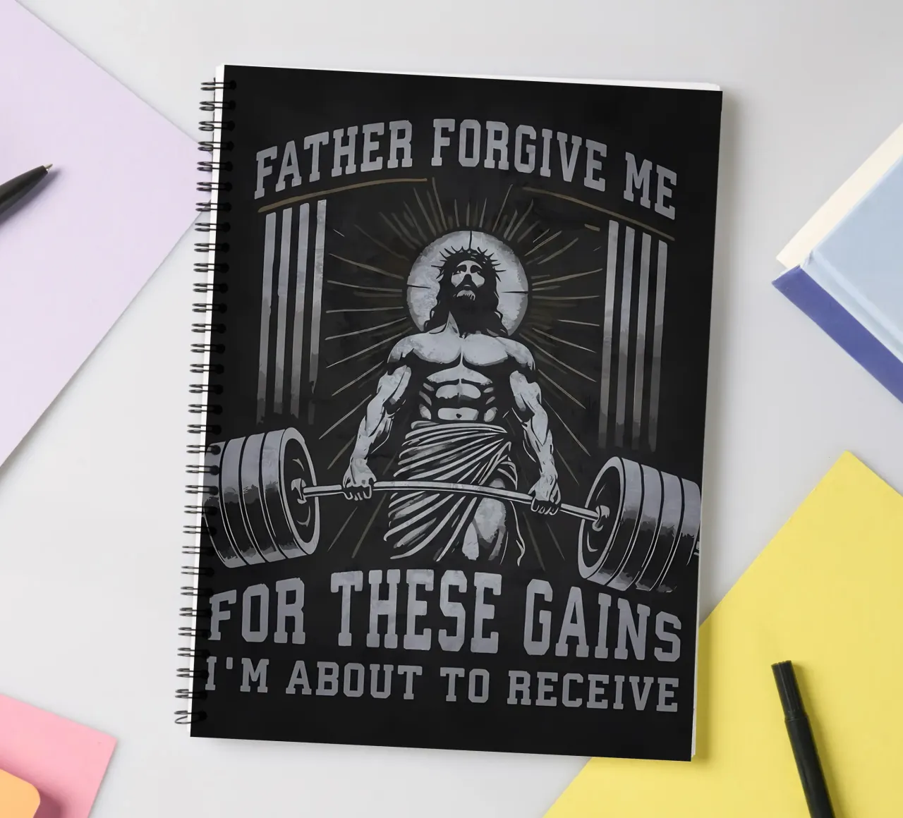 Father Forgive These Gains, Jesus Workout spiral notebook by Delaplane