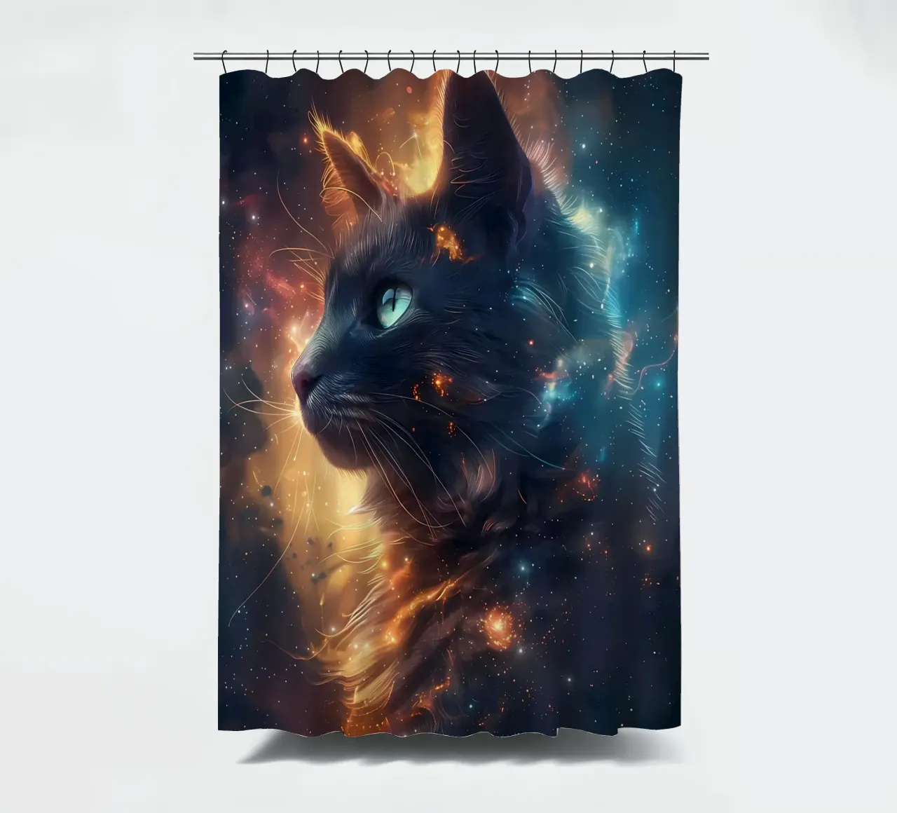 Space Cat Galaxy shower curtain by Ginnery