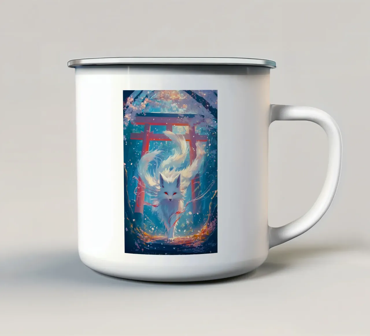 Witte Kitsune Vos Geest emaille mok van Ginnery