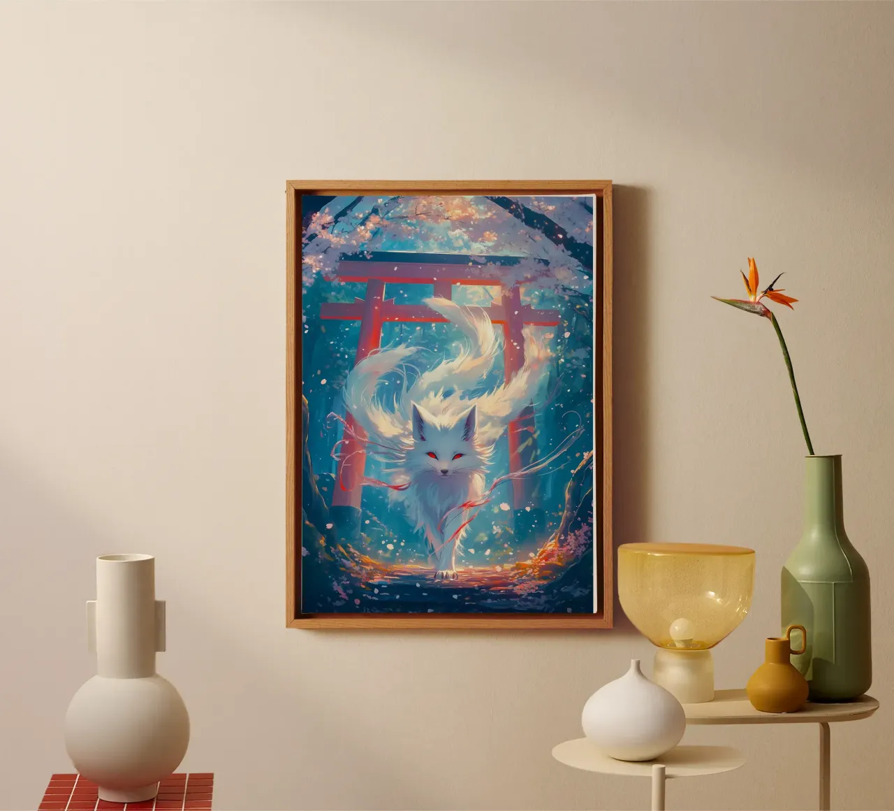 Weißer Kitsune-Fuchsgeist Leinwand mit Schattenfugenrahmen von Ginnery