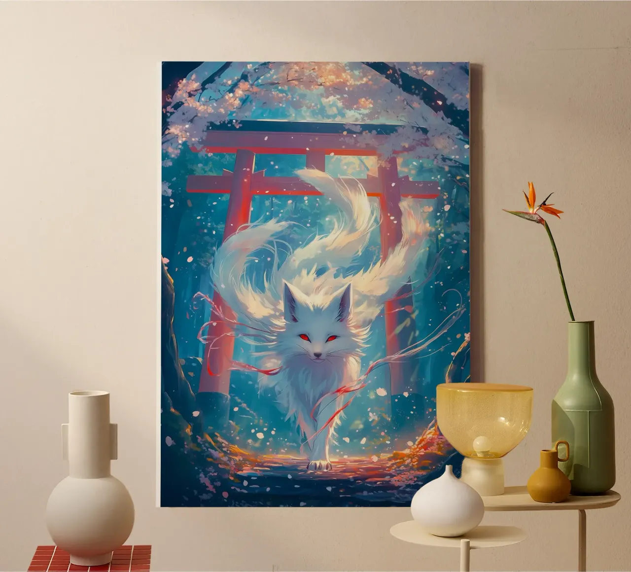 Weißer Kitsune-Fuchsgeist Leinwand mit Schattenfugenrahmen von Ginnery