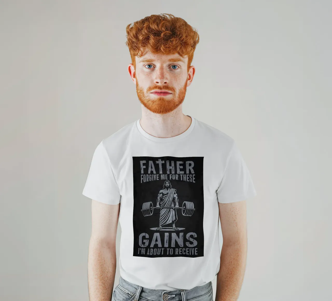 Jezus tilt gewichten, Vader vergeef deze gewichten t-shirt van Delaplane