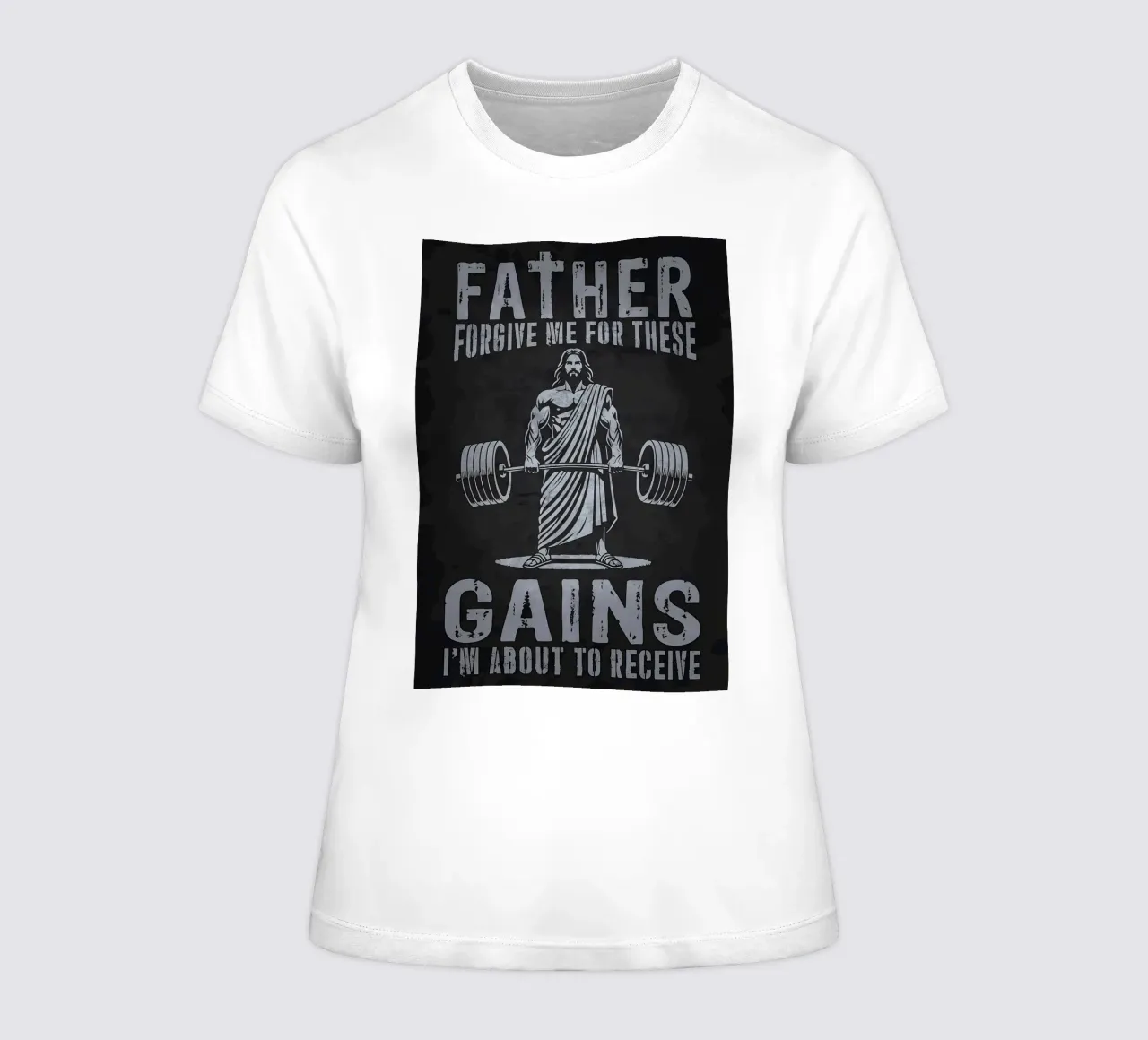 Jezus tilt gewichten, Vader vergeef deze gewichten dames t-shirt getailleerd van Delaplane