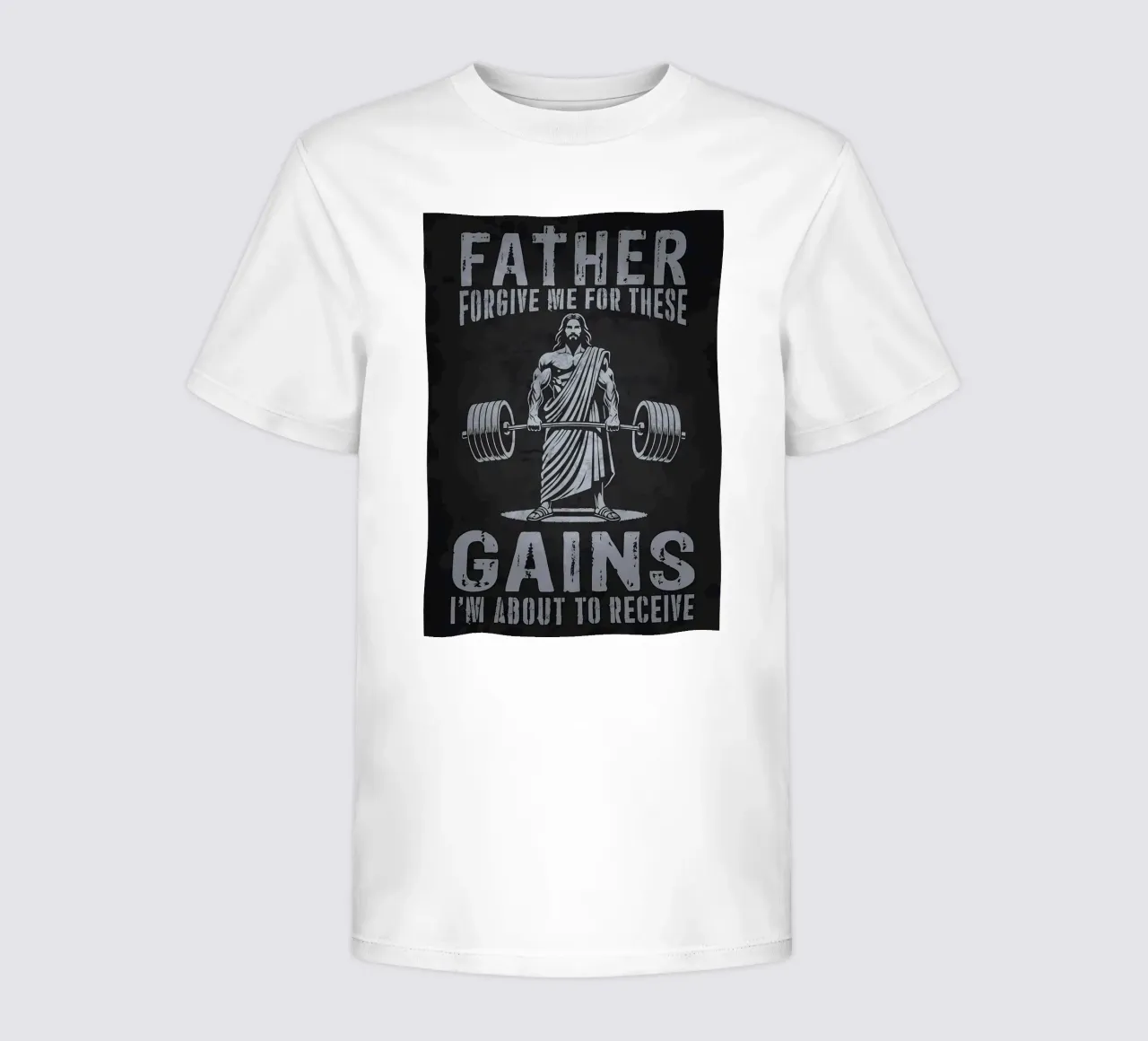 Jesus Lifting Weights, Father Forgive These Gains kids t-shirt by Delaplane