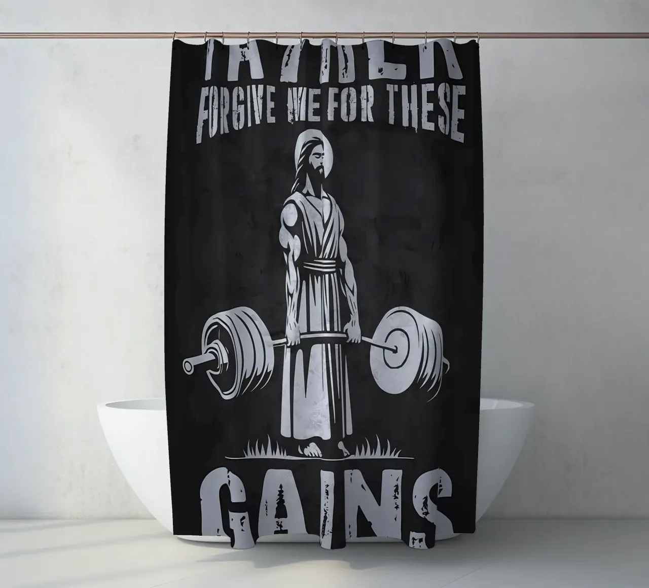 Allenamento di bodybuilding con Gesù tenda da doccia da Delaplane