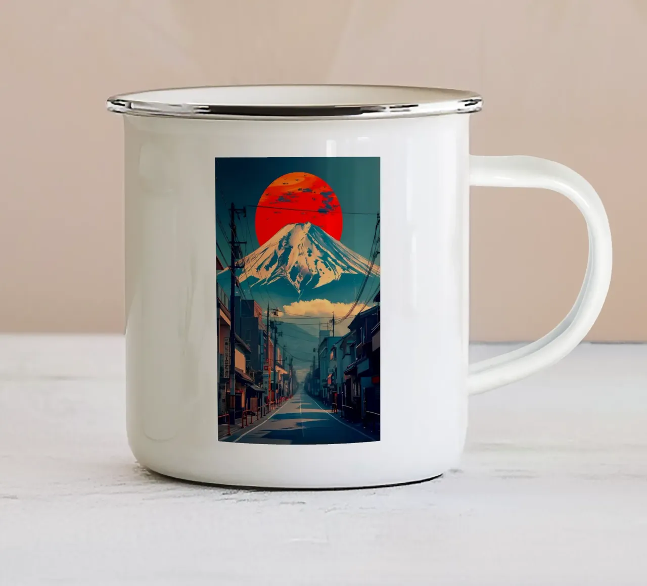 Città retrò del Monte Fuji tazza in smalto da Ginnery